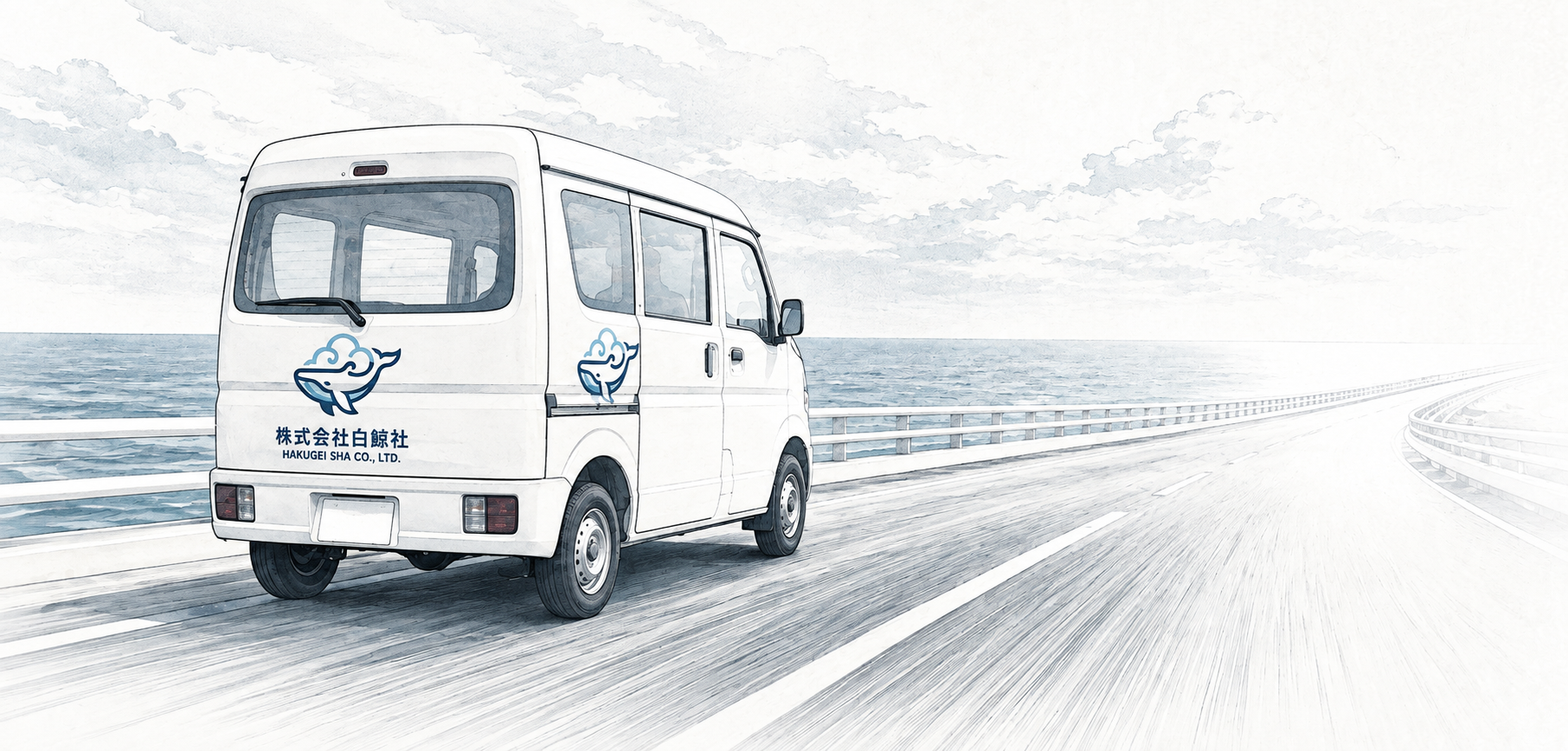 海沿いの道を進む株式会社白鯨社の軽貨物車両
