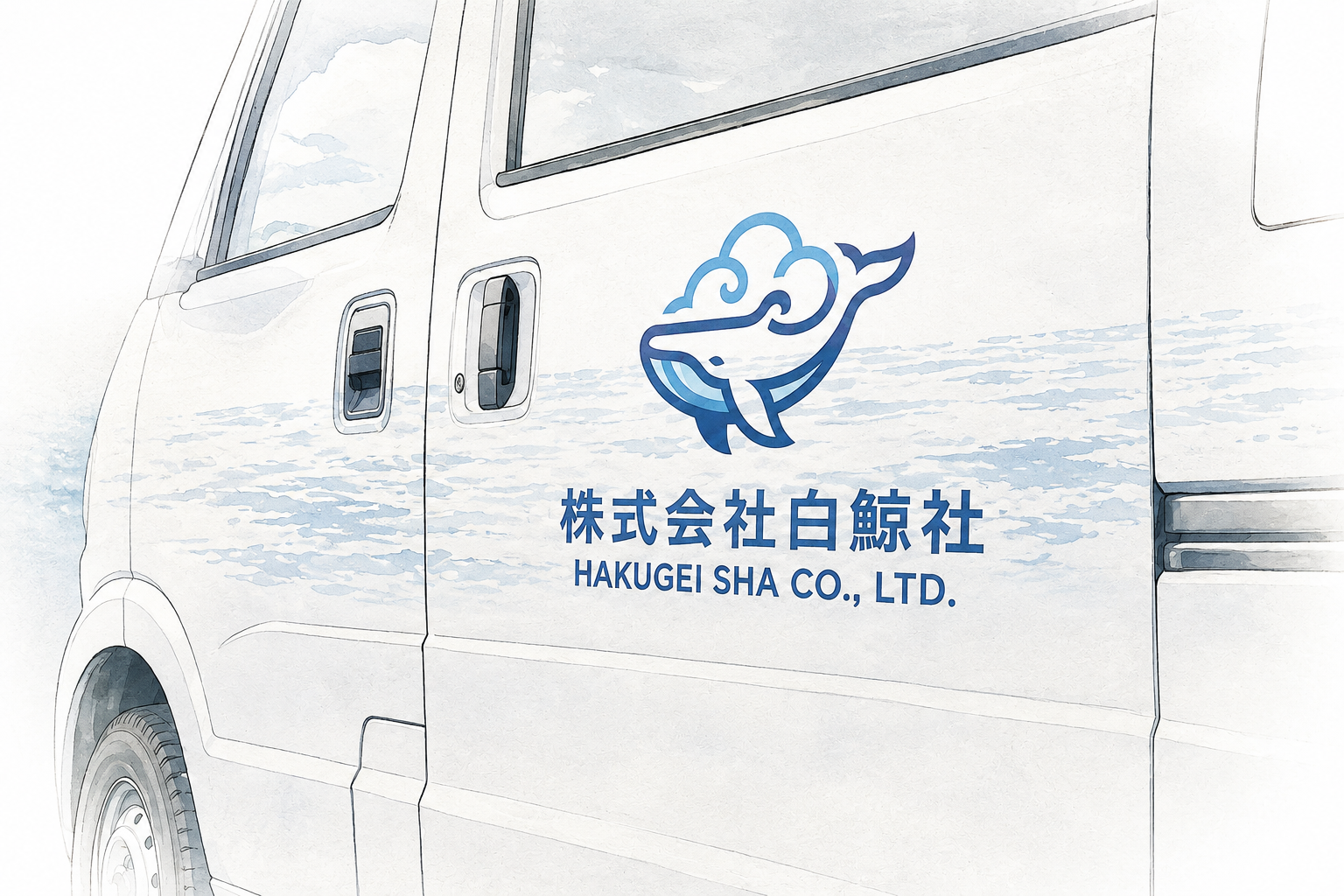 軽貨物車両の側面に入った株式会社白鯨社のロゴ